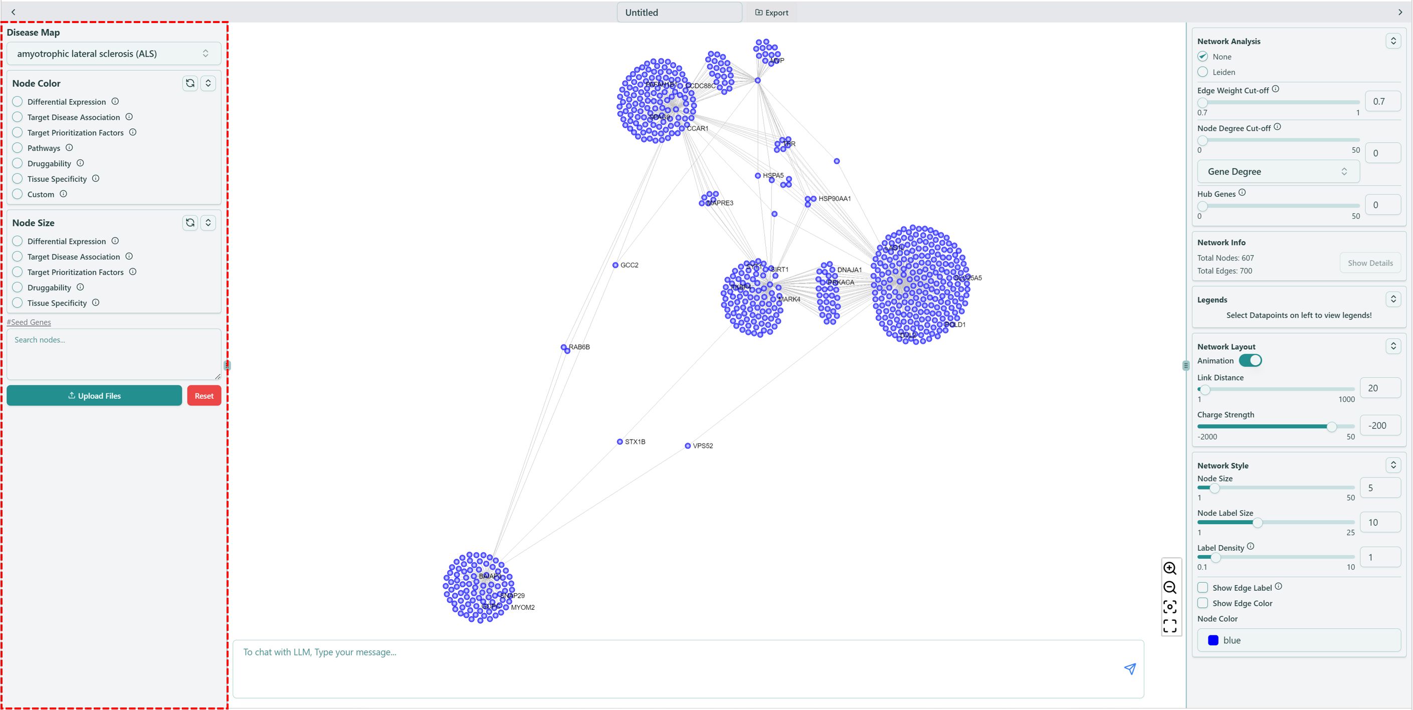 Left panel of network visualization page